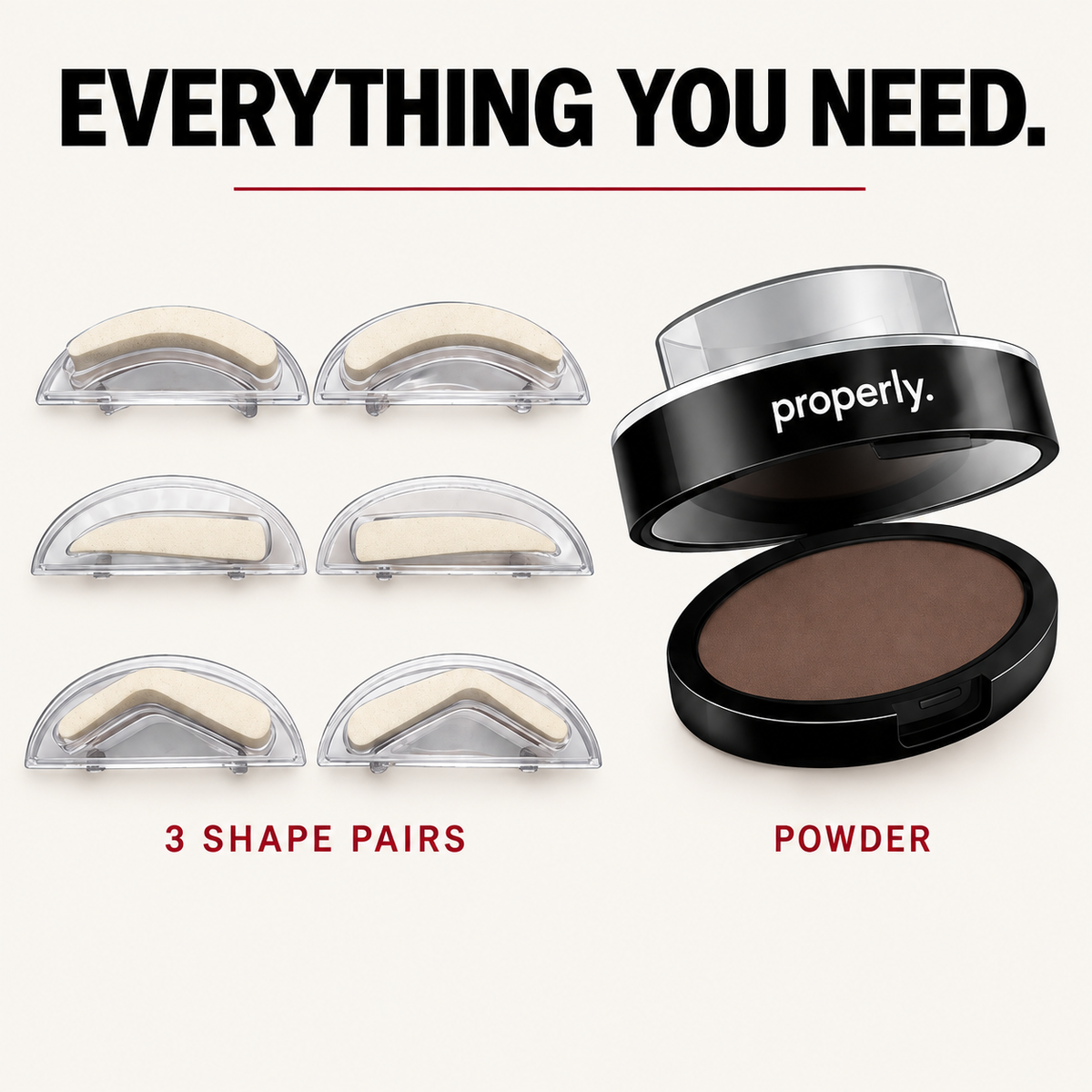 Complete Properly Brow Shape Stamp system with three left and right shape pairs