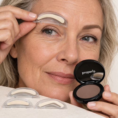 Properly physical brow stamp and powder compact in use